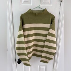 Anthropologie Maeve Carys Mock Neck Green and Cream Striped Sweater